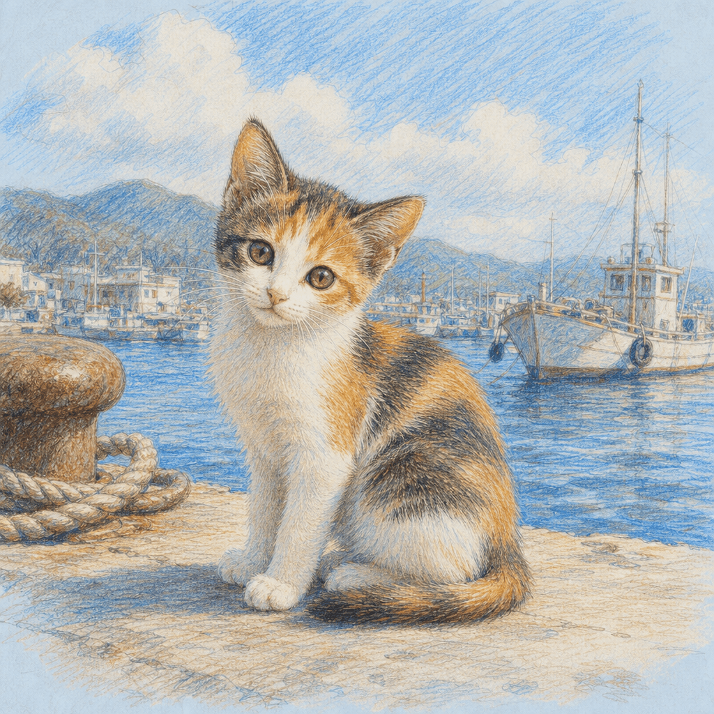 港の子猫の色鉛筆イラスト