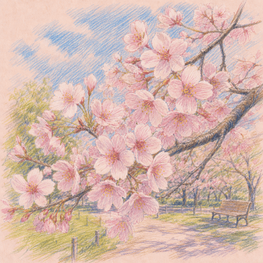 公園の桜の色鉛筆イラスト