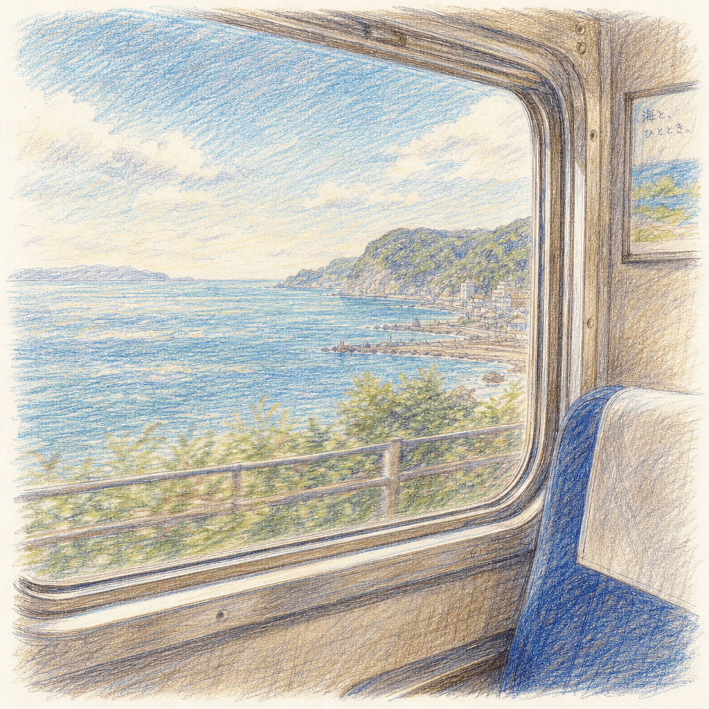 車窓の風景の色鉛筆イラスト